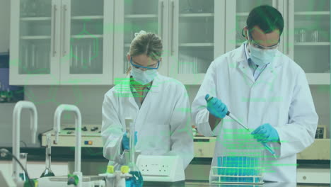 animación de procesamiento de datos y fórmula química sobre diversos científicos que trabajan en el laboratorio