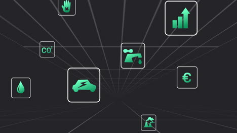 Animation-Von-Datenverarbeitungs--Und-Öko-Symbolen-Auf-Gitter-Und-Schwarzem-Hintergrund