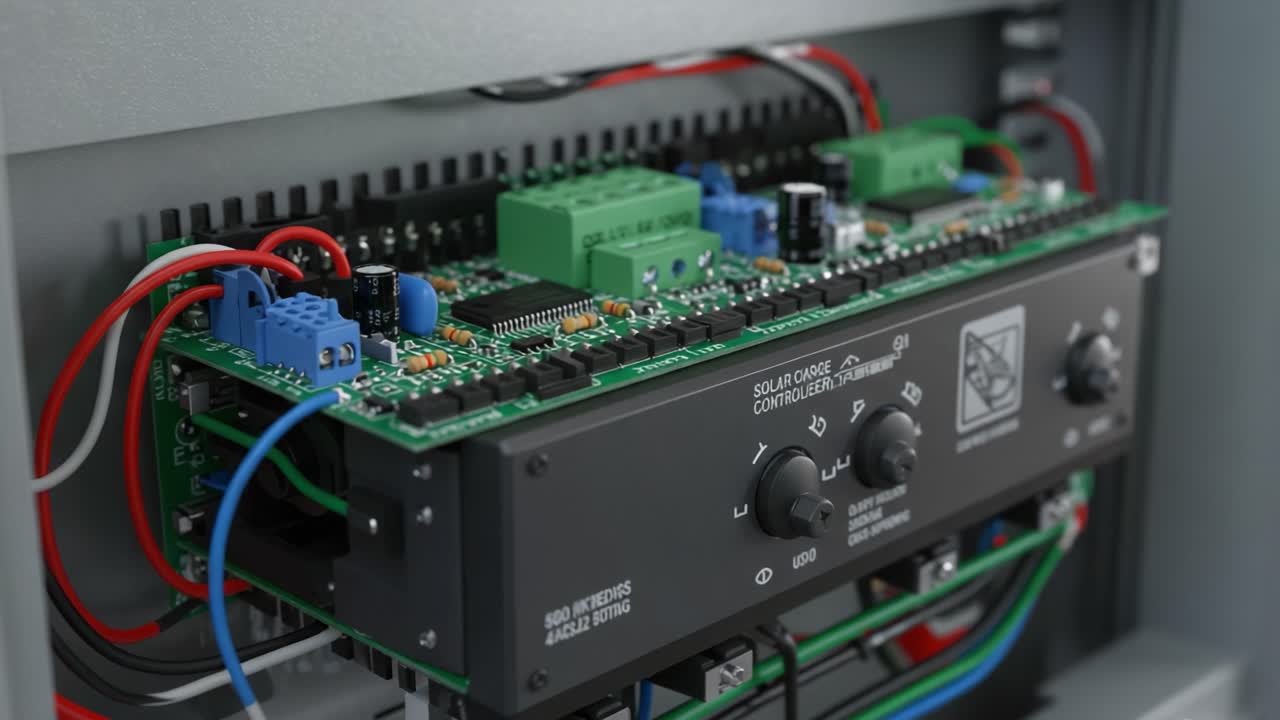 Detailed Examination of a Solar Charge Controller Circuit Board with Colorful Wiring in an Electrical Enclosure Highlighting Key Components