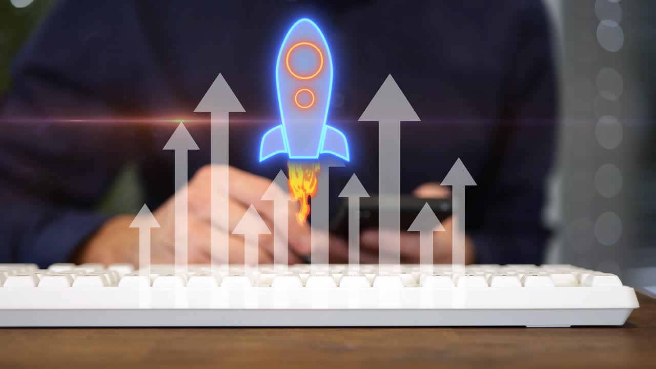 Pengusaha muda menggunakan pena untuk menyentuh layar digital, memicu animasi roket bercahaya yang meluncur dengan panah menunjuk ke atas, mewakili kesuksesan startup, pertumbuhan pesat, dan pencapaian