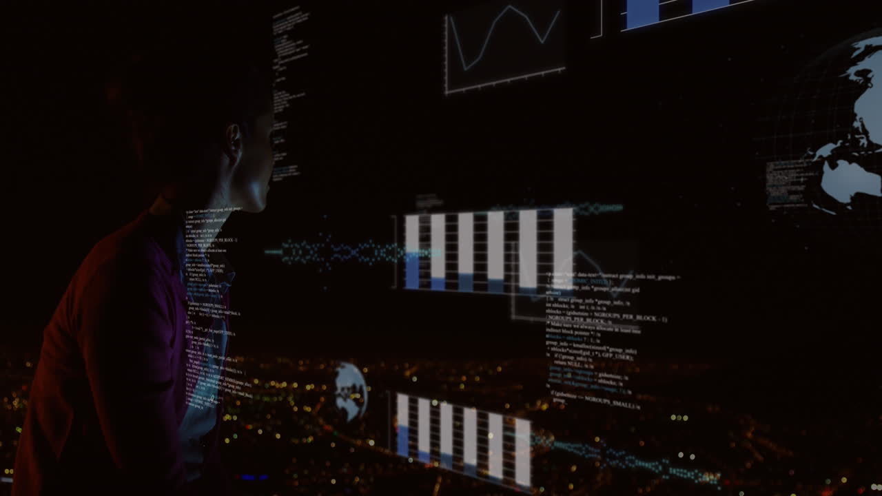 animación de procesamiento de datos sobre mujer caucásica disfrutando de la vista del paisaje urbano nocturno.