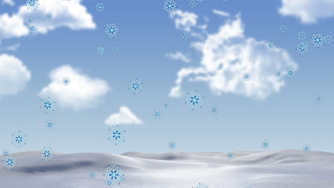 animation of snow falling over winter landscape and sky