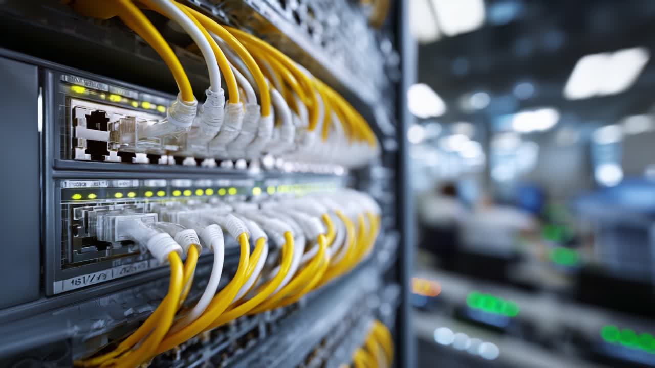 Detailed Close-Up of Network Switch with Yellow Ethernet Cables, Illustrating Data Communication Setup in a Server Room Environment