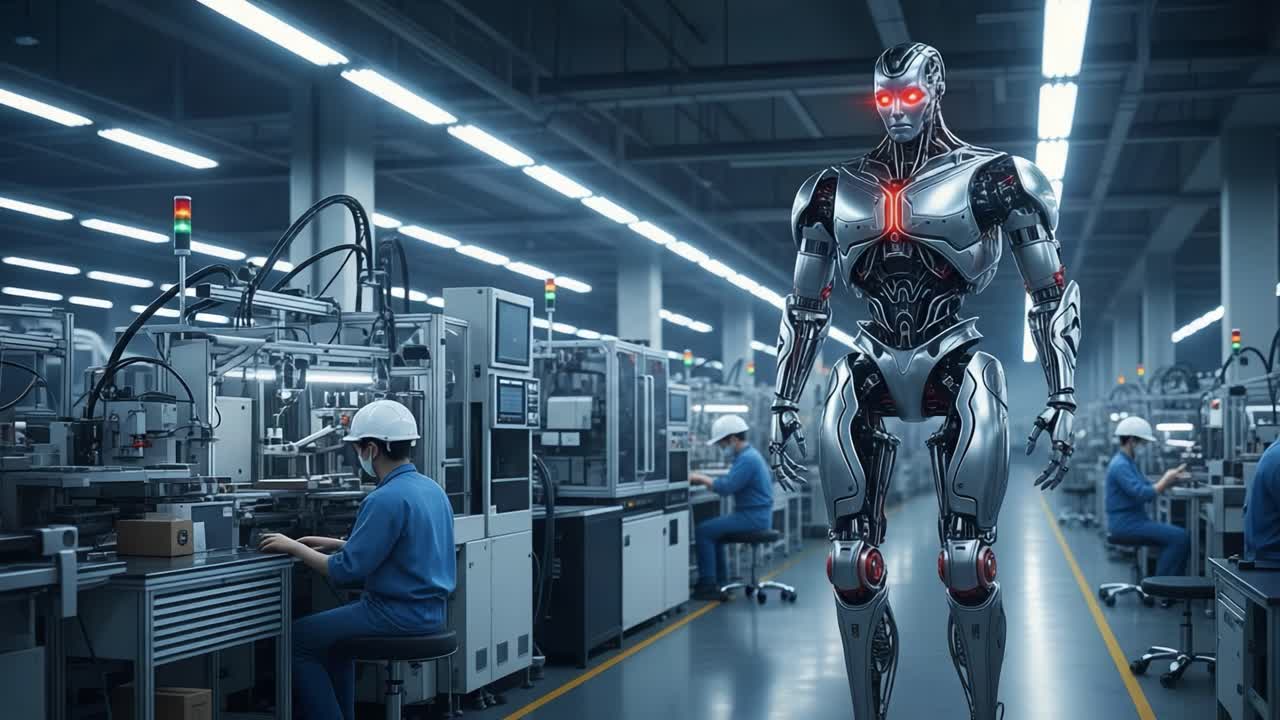 A futuristic robotic figure stands in a high-tech manufacturing facility, showcasing advanced automation technologies alongside workers engaged in assembly tasks.