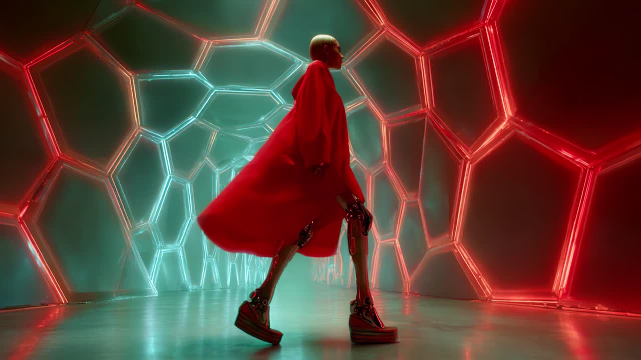 An ethereal figure strides confidently through a vibrant, futuristic corridor illuminated by contrasting red and blue lights, showcasing a blend of technology and fashion in a dynamic setting