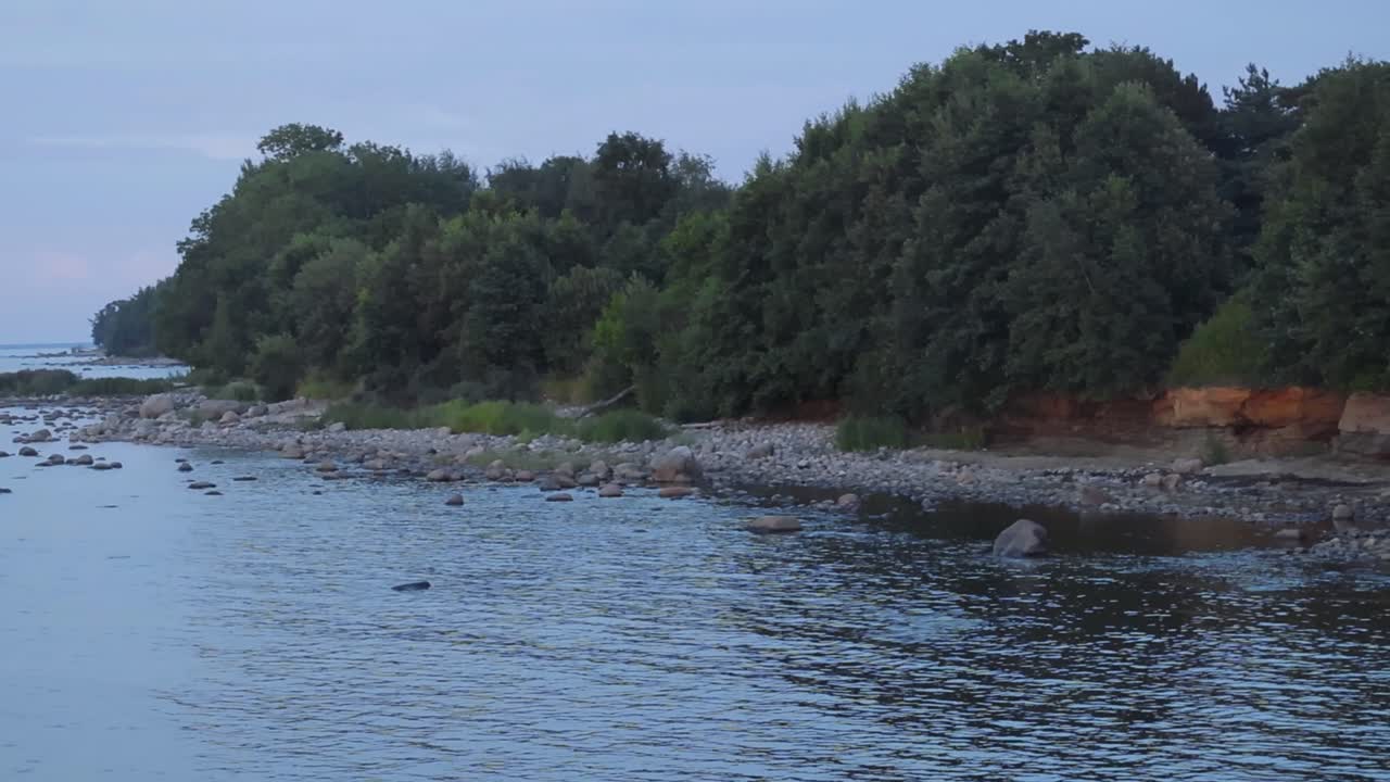 Ein Strand in Suurupi tagsüber, während Meereswellen auf die Küste mit Felsen, Sand und Bäumen treffen, Sandstein im Hintergrund.