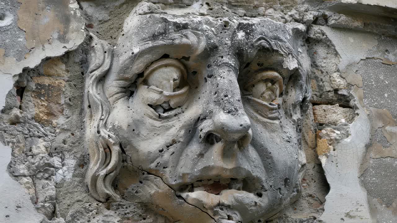 Weathered stone face embedded in decaying wall, embodying haunting remnants of historical suffering and architectural erosion