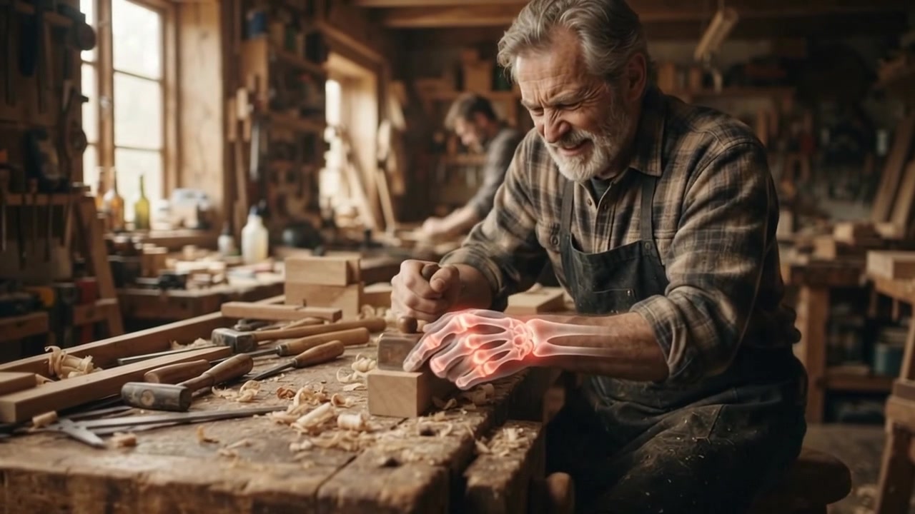 Senior Carpenter Experiencing Hand Pain While Working in Woodshop