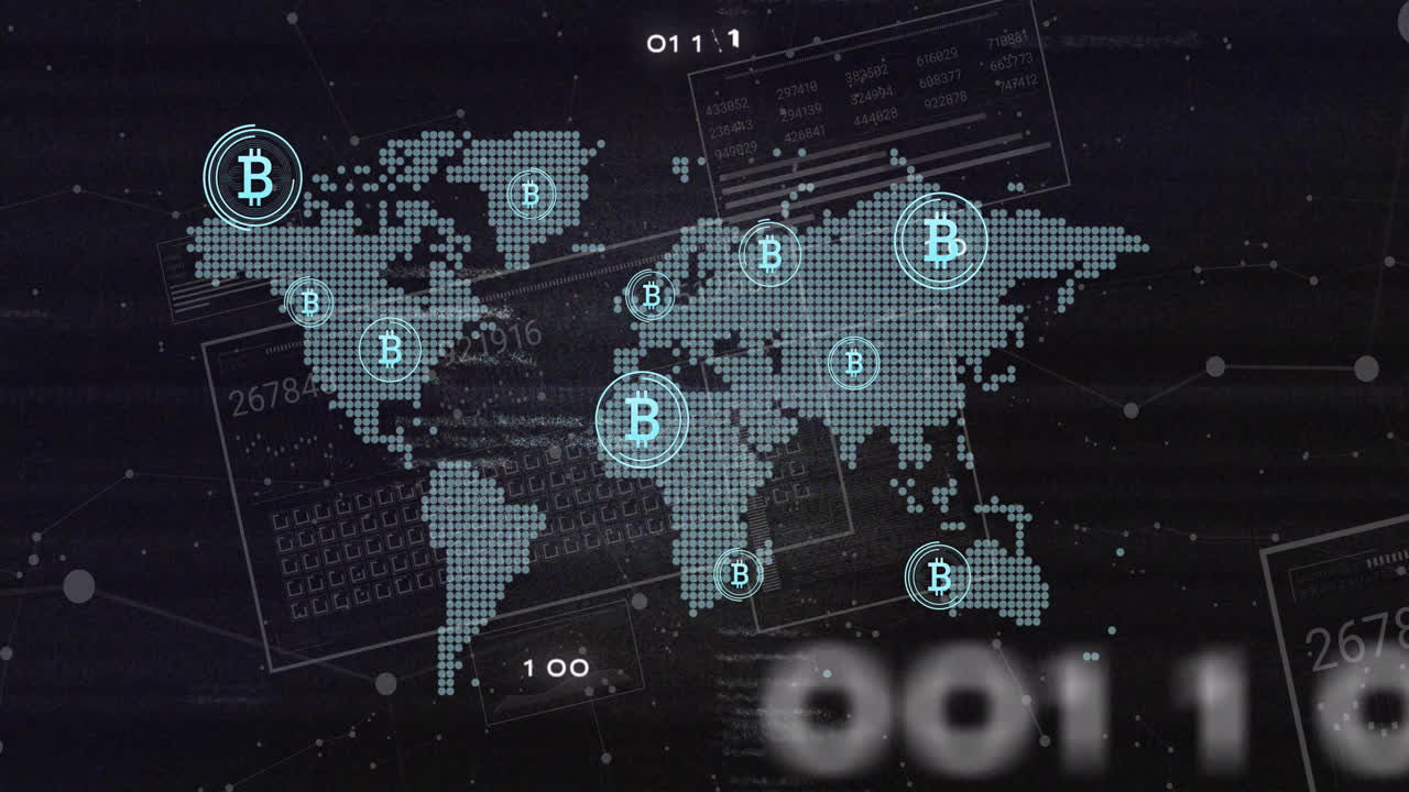 animación de símbolos de bitcoin y procesamiento de datos con mapa del mundo sobre fondo negro