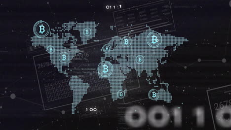 animation of bitcoin symbols and data processing with world map over black background