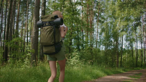 Slow-motion-back-view:-Adult-caucasian-woman-wearing-shorts-and-t-shirt-hikes-through-woods.-Young-lady-hiking