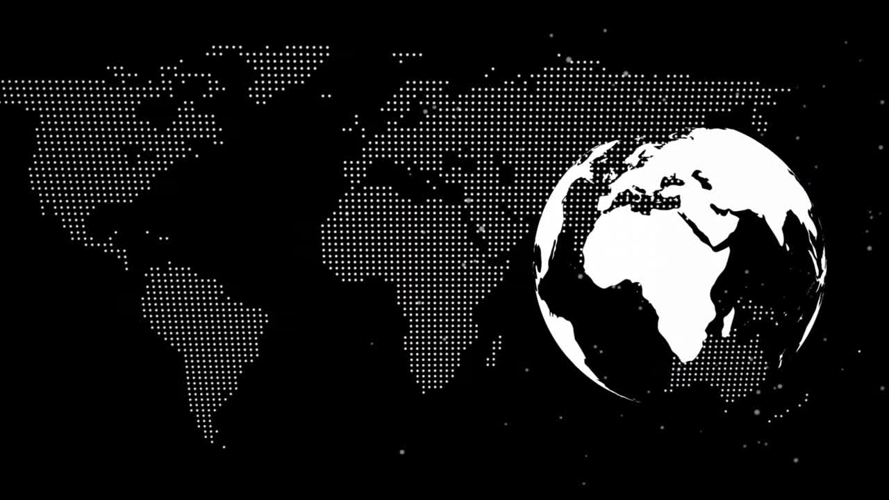 Fading terminal window revealing modules, scrolling code over dotted world map near fixed globe