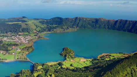 Aerial-drone-view-of-volcanic-lakes-in-Sao-Miguel,-Azores-Islands---Portugal