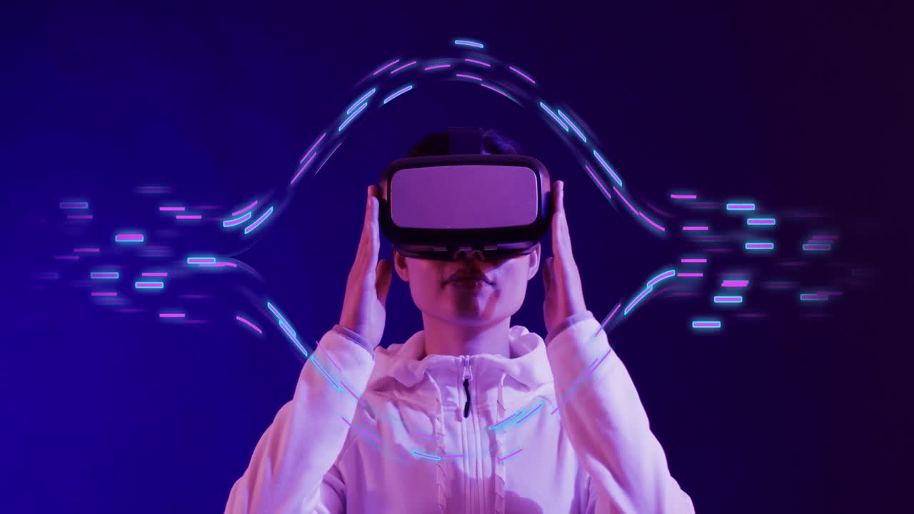 Animation of glowing light trails of data transfer and asian woman in vr headset