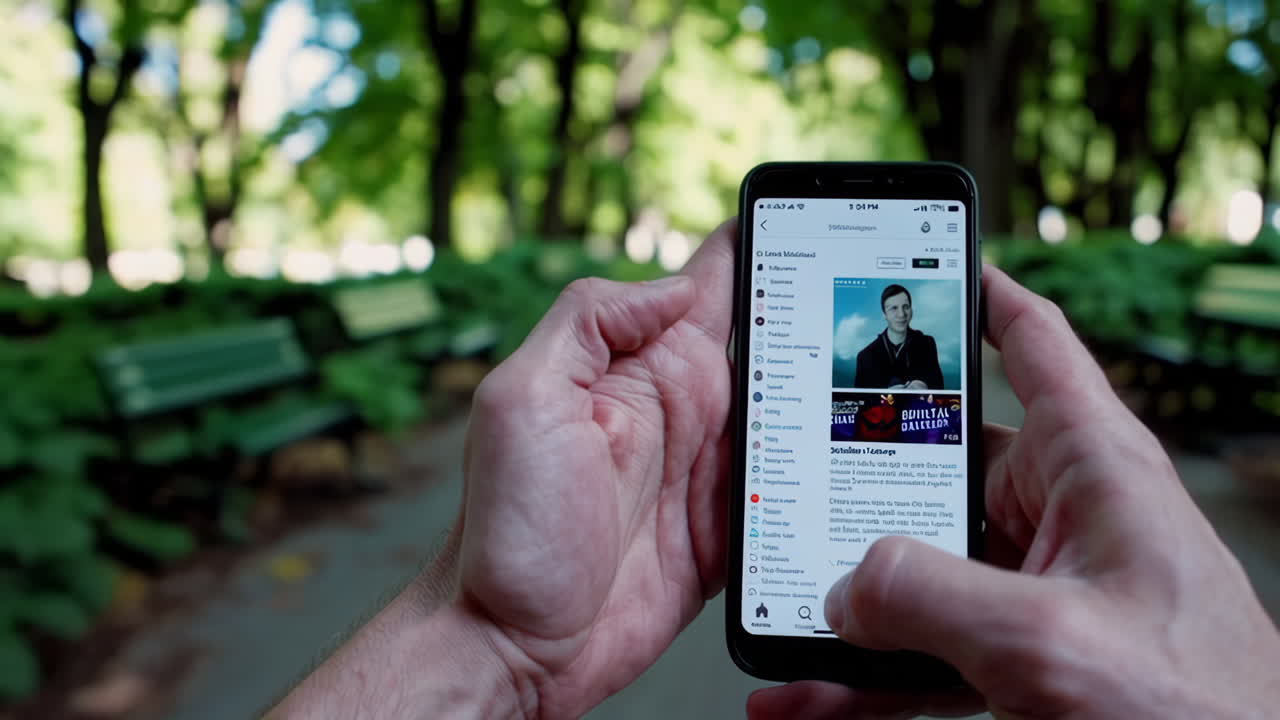 Person using a social media app on a mobile phone in a park