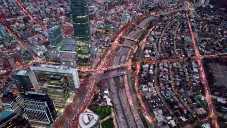 aerial orbit of the mapocho river and the bridges of santiago, chile