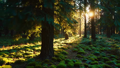 sunlight filtering through a pine forest