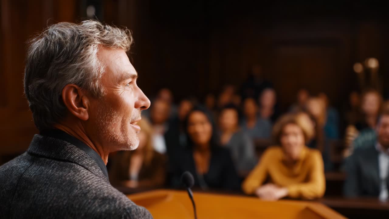 Un oratore sicuro di sé si rivolge a un pubblico attento in un'aula di tribunale, sottolineando l'importanza di una comunicazione efficace e del patrocinio legale in un contesto processuale