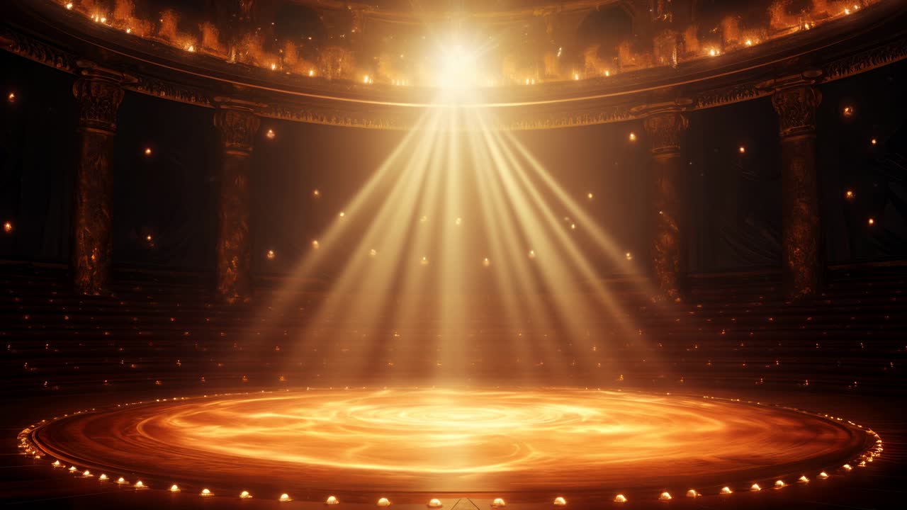 A mystical, golden-lit stage with swirling patterns, evoking a sense of magic and wonder