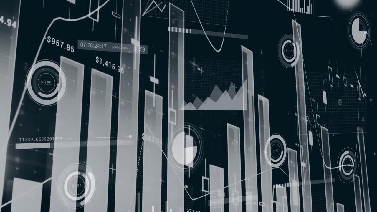 Animation of multiple graphs with changing numbers over loading circles against black background