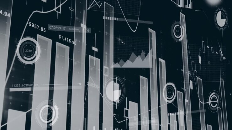 Animation of multiple graphs with changing numbers over loading circles against black background