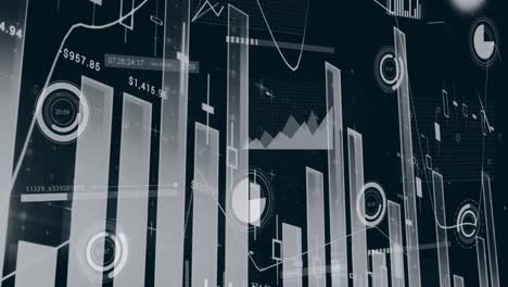 Animation-of-multiple-graphs-with-changing-numbers-over-loading-circles-against-black-background