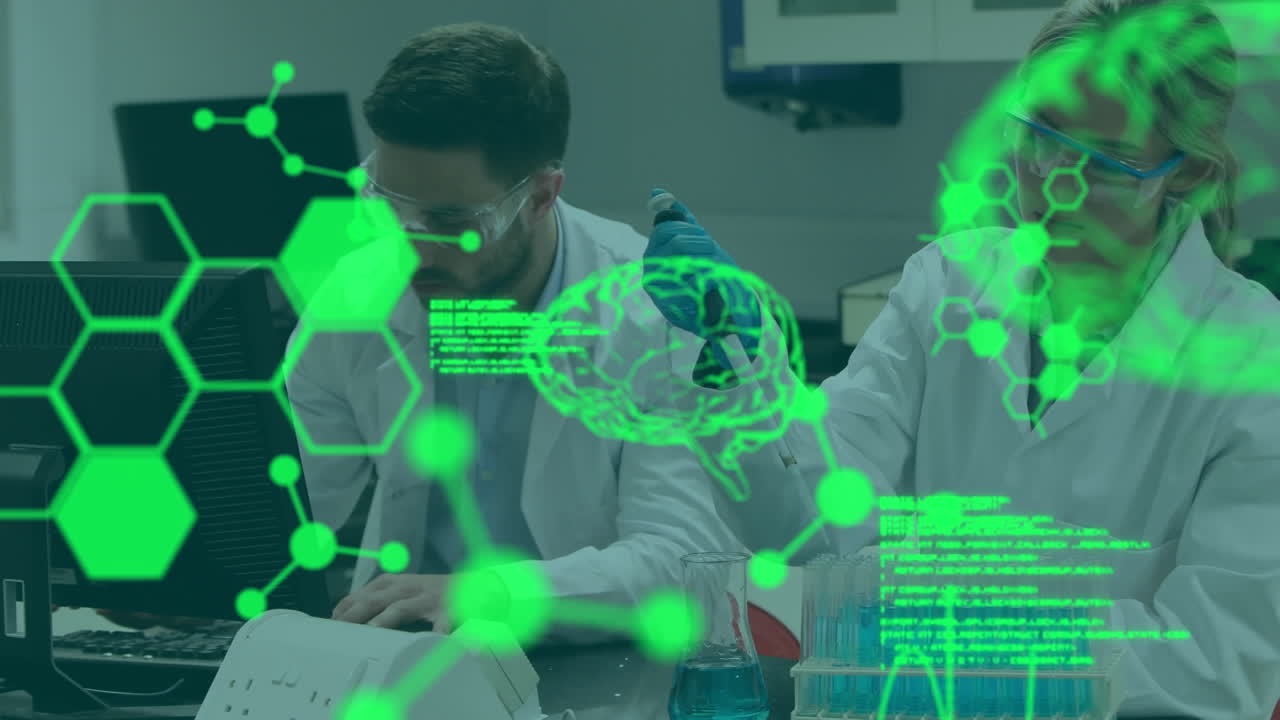 animación del procesamiento de datos médicos sobre diversos científicos masculinos y femeninos que trabajan en el laboratorio