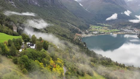 Loen-Village-on-Scenic-Coast-of-Innvikfjorden,-Norway