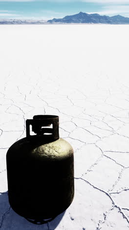 rusty propane tank on a salt flat