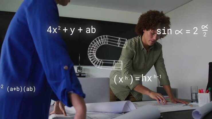 Woman placing hands on table sparking man arranging plans, 3D math layering plans guiding design
