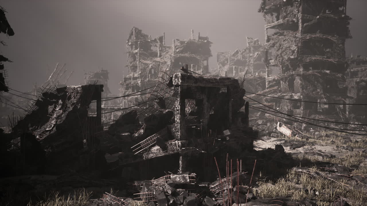 destrucción en una ciudad devastada por la acción militar y las secuelas del conflicto