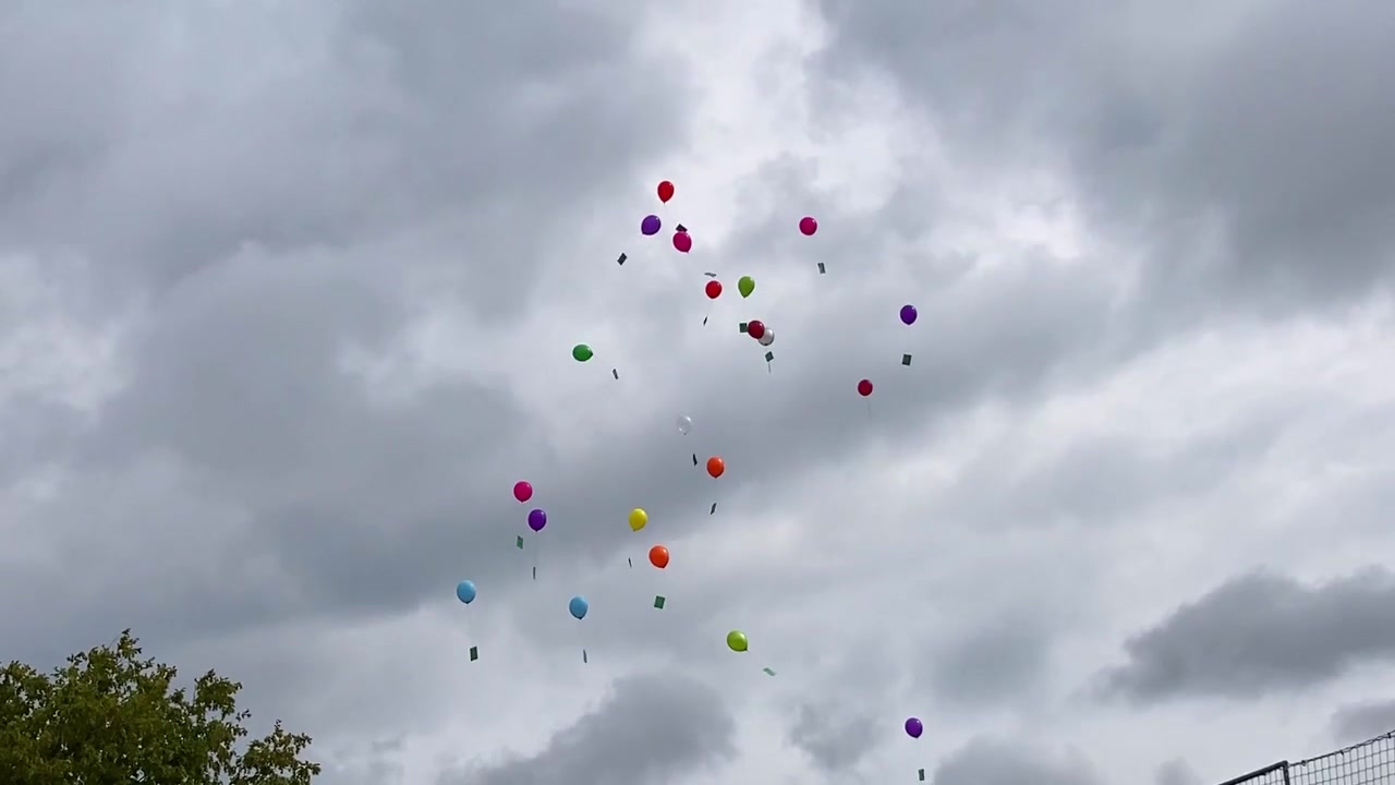 Açık hava kutlaması veya halka açık etkinlik sırasında bulutlu gökyüzüne uçan renkli balonlar. Yüzen nesneler ve kapalı hava koşullarıyla atmosferik çekim.