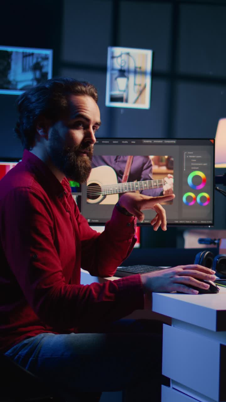 Vertical video Video editor filming online tutorial about editing color grading and lighting