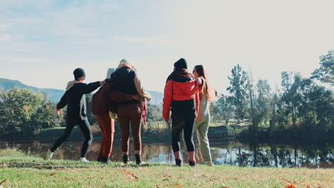 friends, jump and camping are happy on adventure