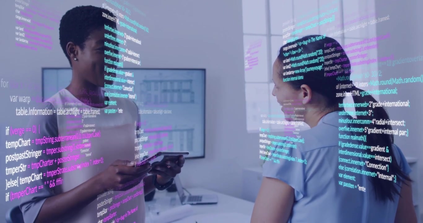 Left woman tapping tablet, showing app; right leaning, nodding; code overlay shifting for review