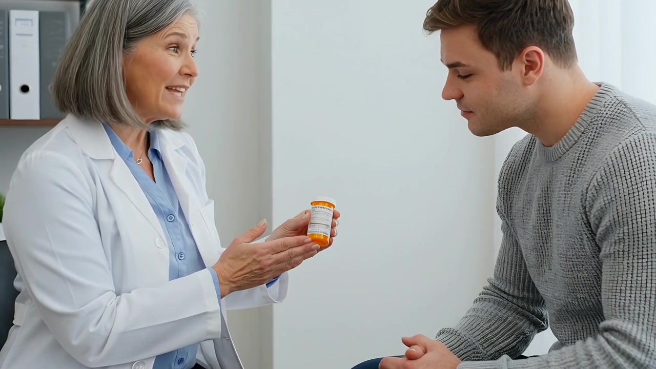 Médico de jaleco branco segurando um frasco de comprimidos laranja, explicando a dosagem na clínica, com o paciente lendo o rótulo.