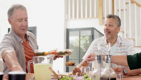 enjoying lunch together, senior friends sharing meal at home