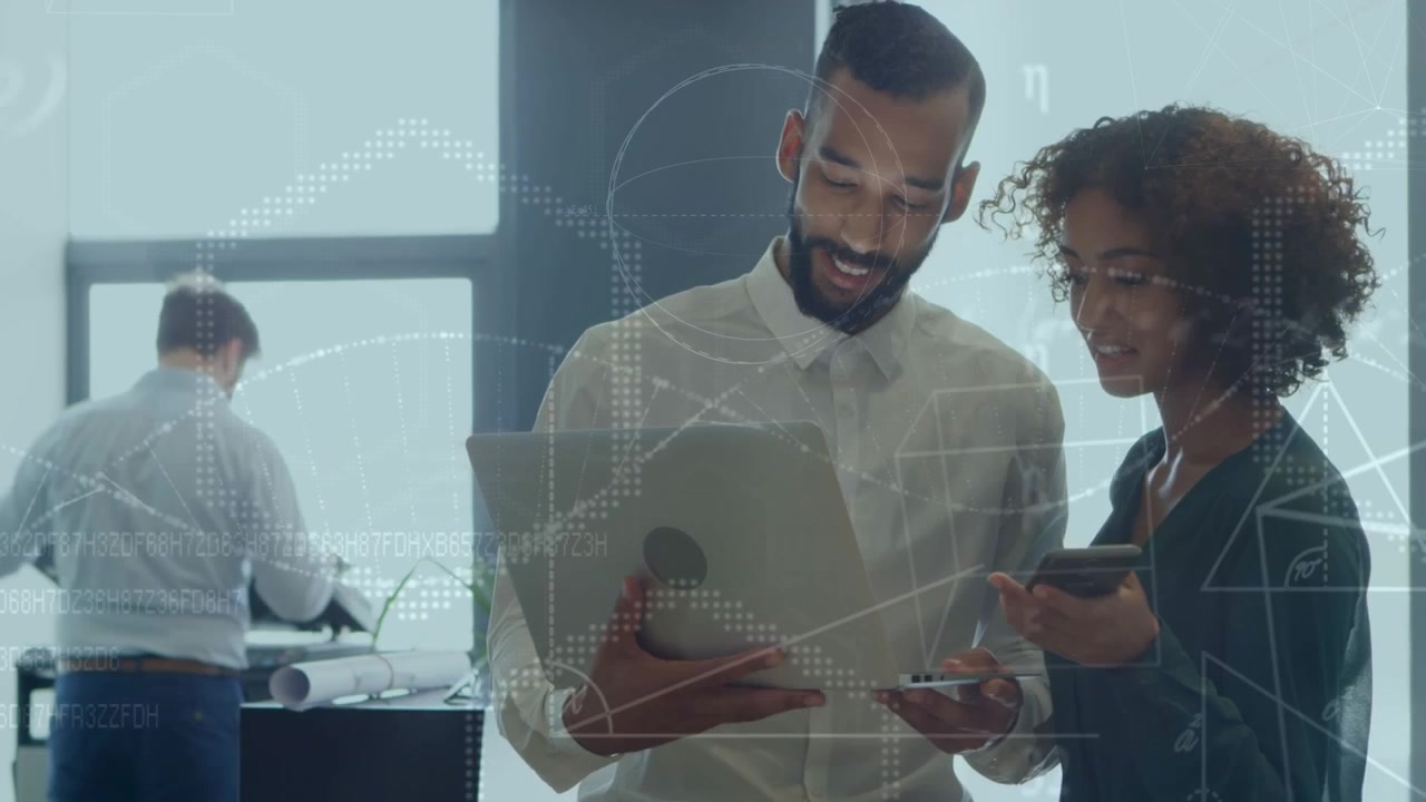 Animation of scientific data over diverse female and male coworkers using laptop