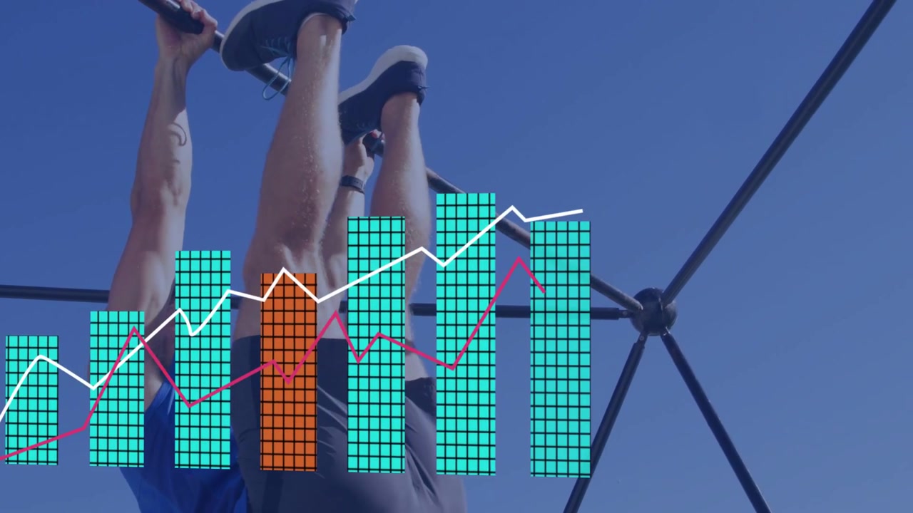 Gripping bar and steadying core, male raising legs while charts rising, showing strength metrics