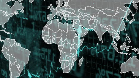 animación del mapa del mundo sobre flechas y procesamiento de datos en fondo negro