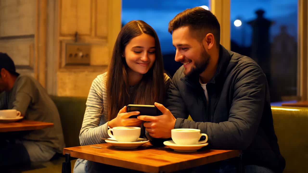 Coppia che si gode caffè e uno smartphone in un bar di notte