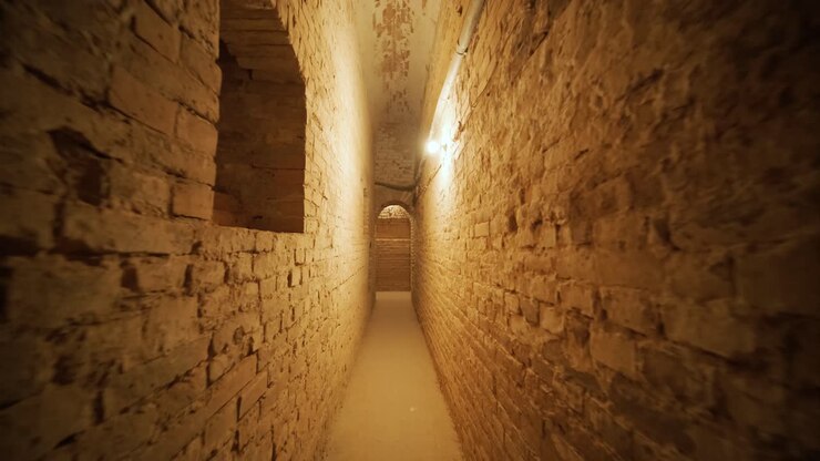 Old underground basement or a closet in an old building. An old underground passage with many doors in the old manor house. A gloomy corridor or a tunnel with stone walls