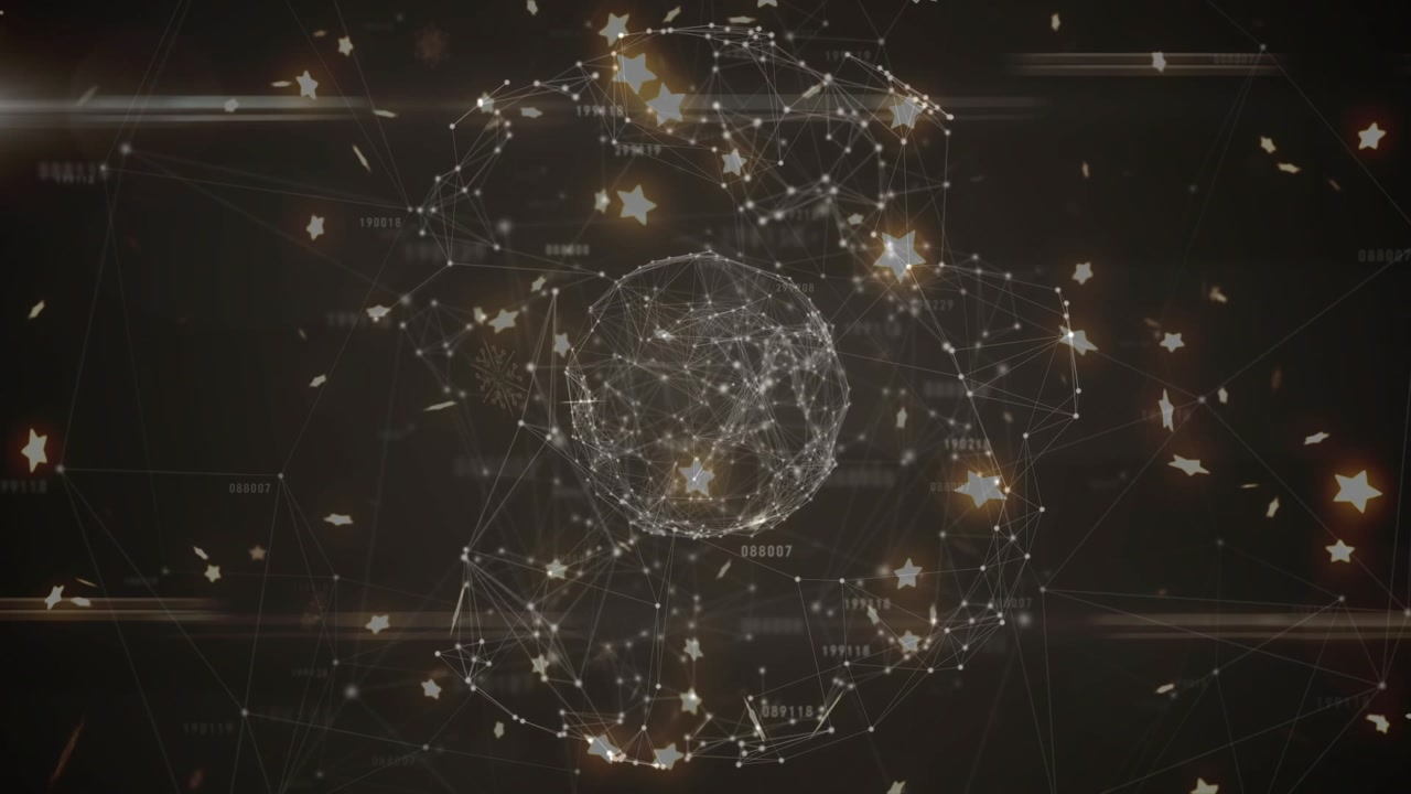 Small white dots forming, wire sphere rotating pulsing as glyphs fading to show data flow