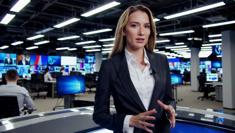 female news anchor in modern broadcast studio