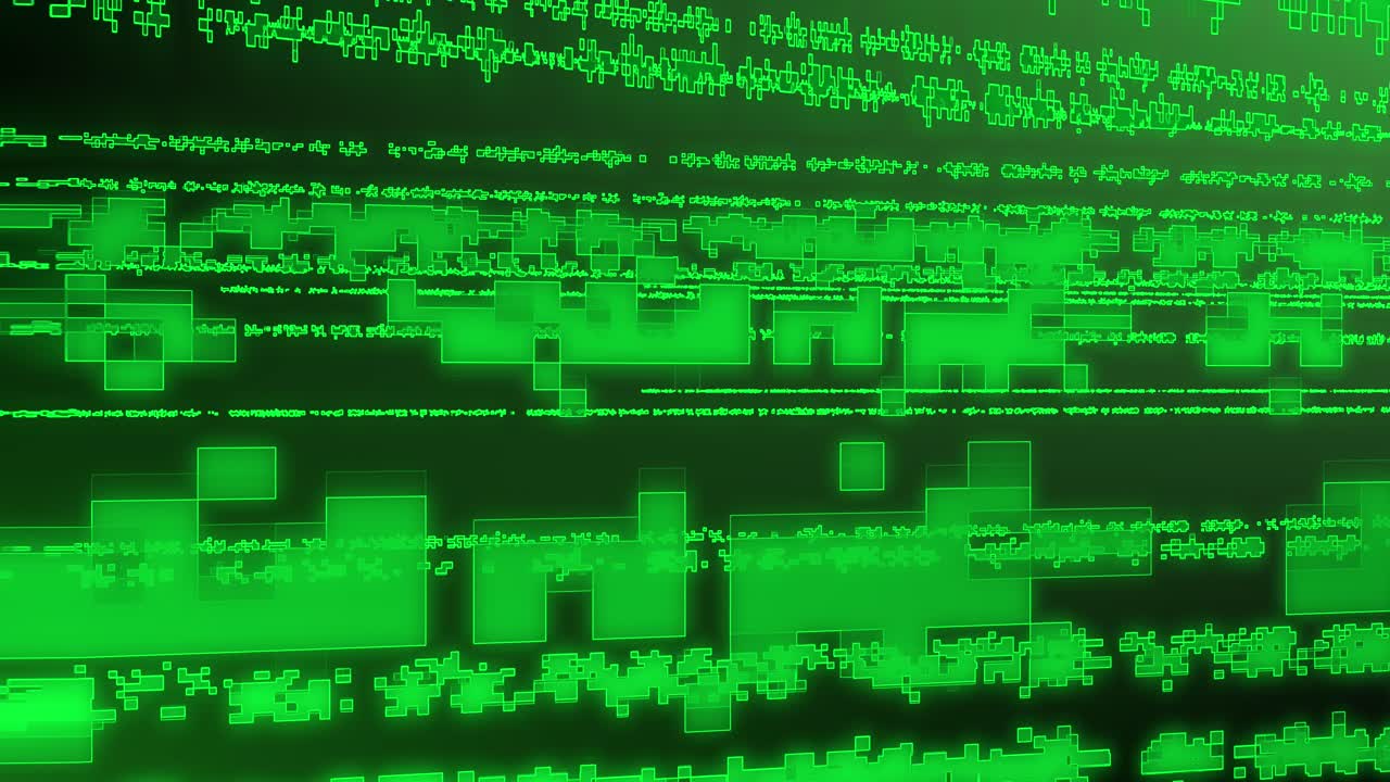 Abstract futuristic and dynamic animation of green digital data block streams