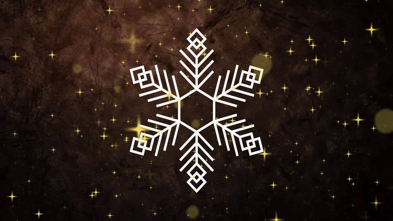 Animation of snowflake over glowing spots on black background