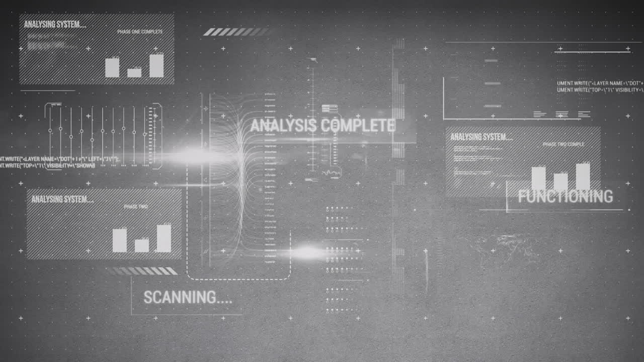 Animation of data processing and statistics on grey background