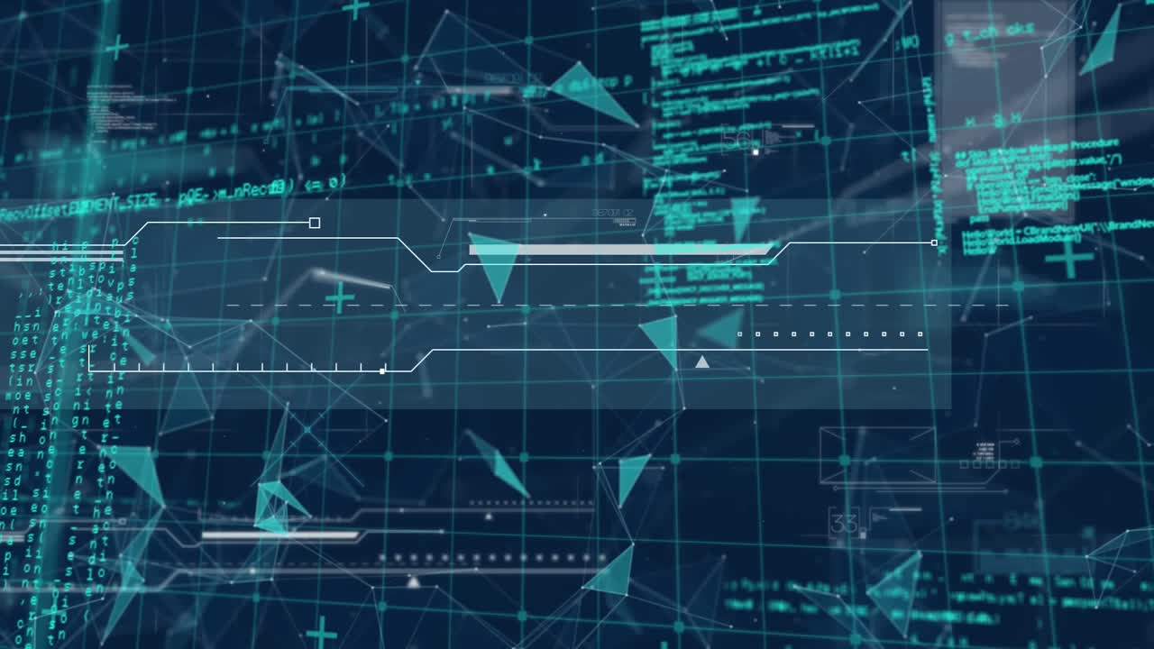 검은색 배경 위에 기하학적 모양과 컴퓨터 언어를 형성하는 연결된 점의 애니메이션