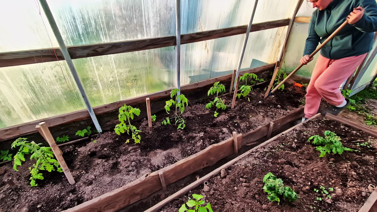Woman using hoe to work inside greenhouse preparing soil for young tomato plants
