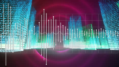 Animation-of-financial-data-processing-over-glowing-pink-circles